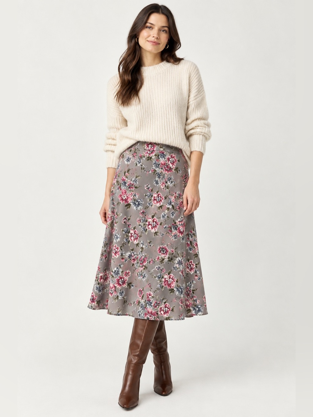 Talbots Vintage Pure Silk Floral Midi Skirt Size 10 Gray Pink Blue